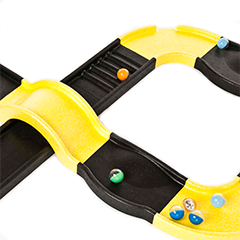 A yellow and black marble track with bridge, all made from ARPRO (expanded polypropylene) 
