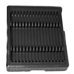A black rectangular ARPRO (expanded polypropylene) dunnage part with raised triangular segments a third in from each end creating multiple rows 