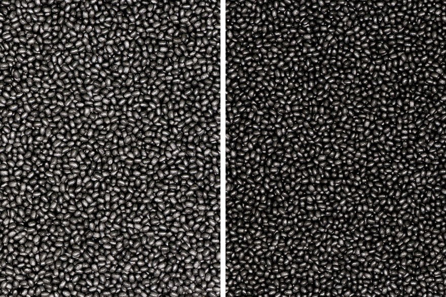 Side-by-side close-ups of black expanded foam pellets for on-site expansion.
