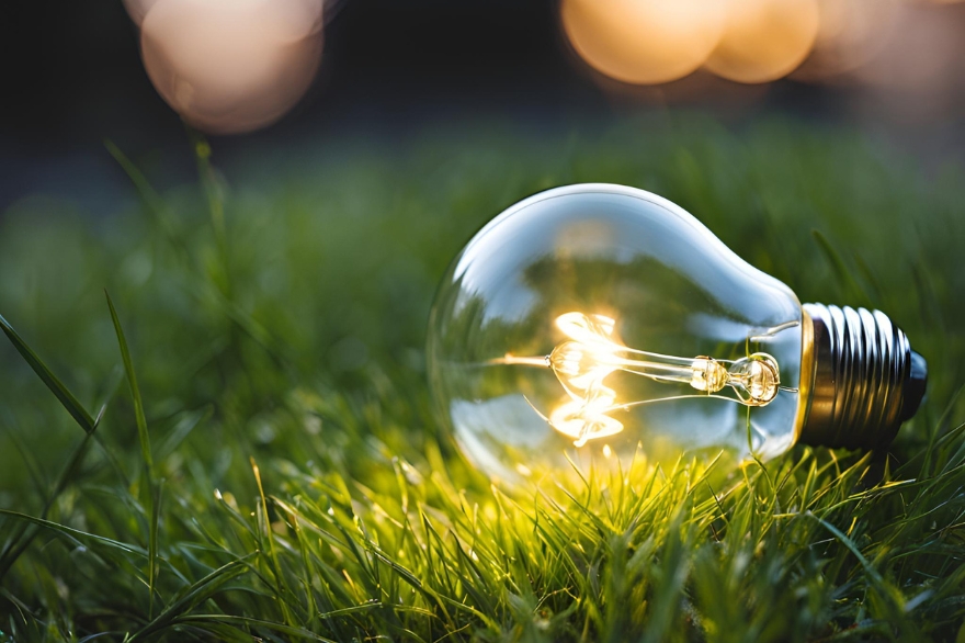 Žárovka na zelené trávě symbolizující energetickou účinnost
