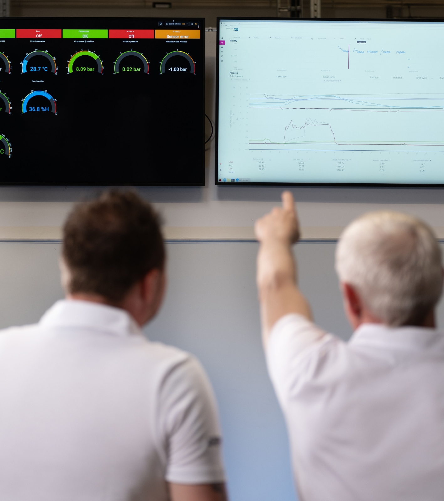 Two men looking at a computer screen in a factory