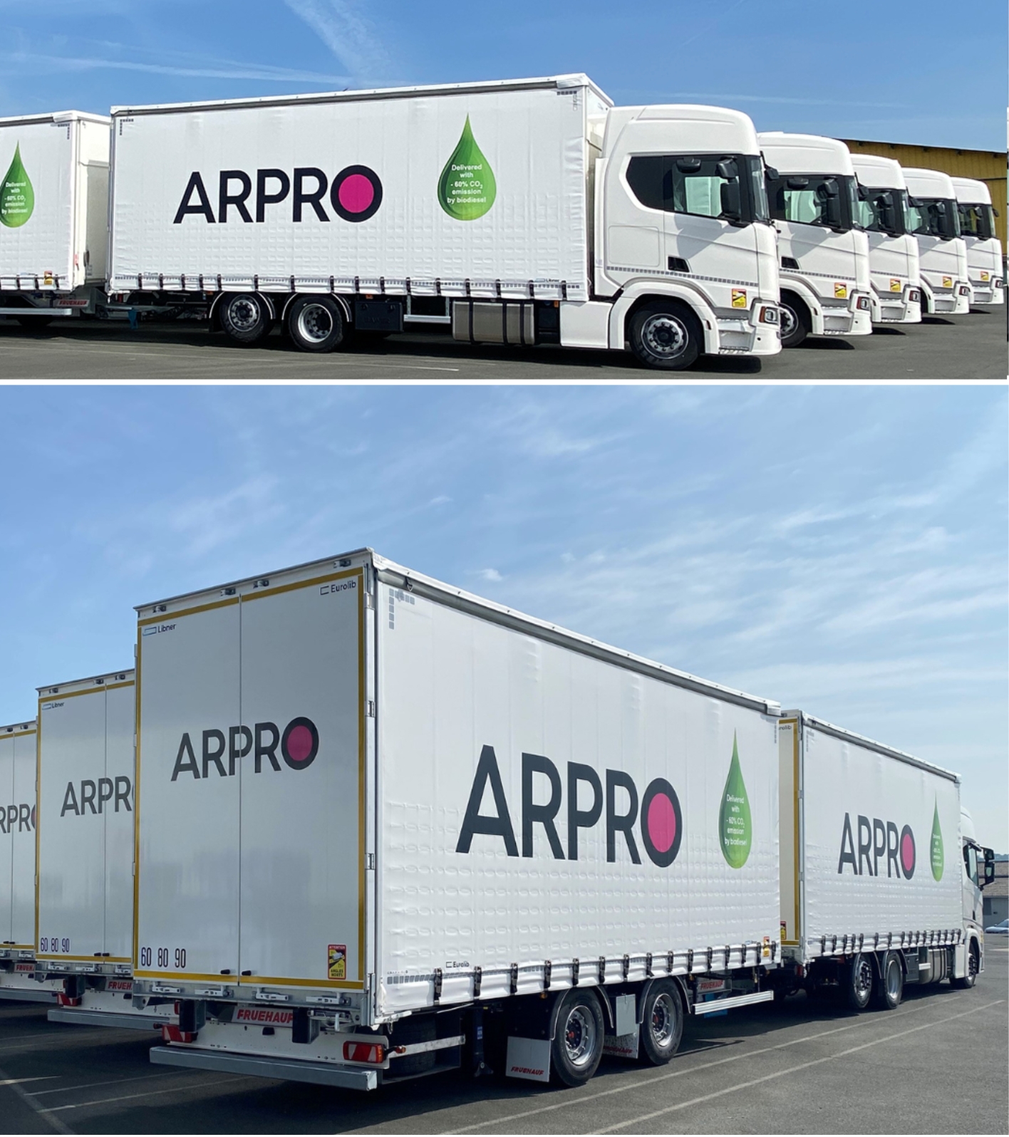 Large white truck with the ARPRO logo and green rain drop with text about biodiesel