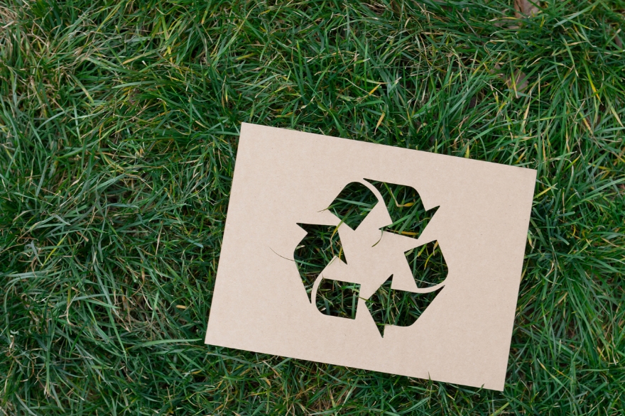 Grünes Gras mit Recycling-Symbol zur Darstellung der Kreislaufwirtschaft