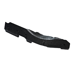 Black ARPRO (expanded polypropylene) moulded bumper segment, left side if facing the car. Has two rectangular cut outs along the bottom and a curved recess along the top. 