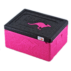 A magenta ARPRO (expanded polypropylene) thermo KANGABOX with a black lid 