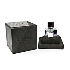Square box of black ARPRO, with the lid removed to reveal a square ARPRO base protecting a small perfume bottle