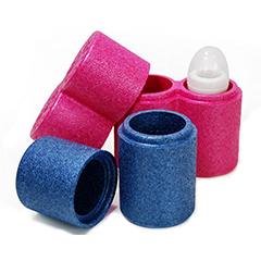 Two thermo bottle holders that are pink and blue with one baby's bottle in them made out of ARPRO (expanded polypropylene) for temperature control