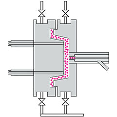 Two dimensional diagram of a grey mould being filled with magenta ARPRO particles