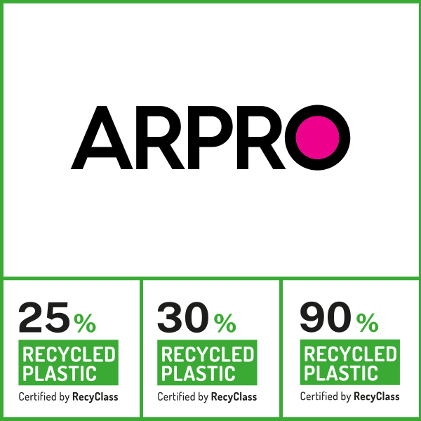 Graphic showing ARPRO and RecyClass logos for 25%, 30% and 90% recycled plastics