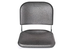 A grey ARPRO seat, with no legs that is designed for stadiums. The back of the seat is fixed to the bottom with two metal poles