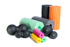 Selection of polypropylene coloured sports rollers and massage balls 
